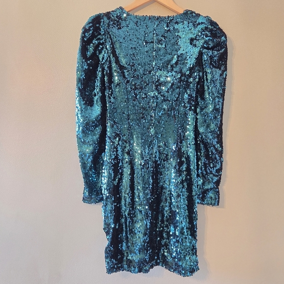 Zara Green Sequin Puff Sleeve Draped Bodycon Mini Long Sleeve Ruched Size XS - Picture 13 of 16